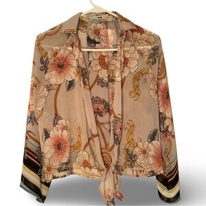 Fashion Nova Sheer Floral Pattern Tie Front Blouse Size XS Tan (Multi-Color)